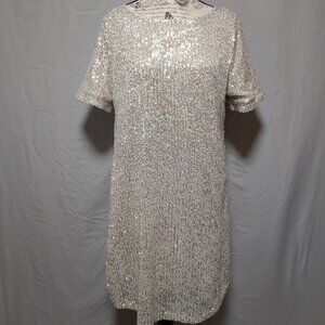 7 For All‎ Mankind Women's Beige Silver Sequins Short Sleeved Dress Size Medium